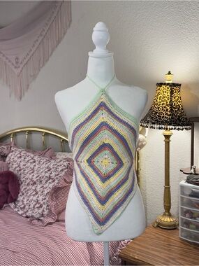 Y2K Style Crochet Diamond Halter Top in Pastel Rainbow